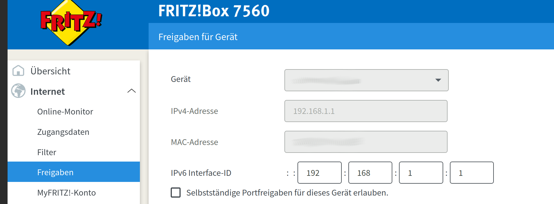 Screenshot der Fritz Box Freigaben mit IPv6 Interface Id